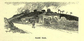 Sark Toll Bar, monochrome image showing a toll house and road