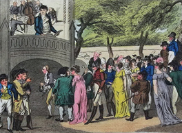 Thomas Rowlandson print of Vauxhall Gardens, showing crowds of people around the Orchestra