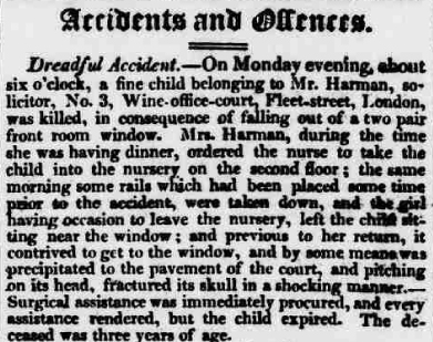 newspaper report of accident - child falling out of window