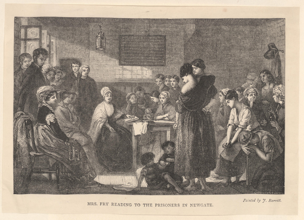 old print of elizabeth fry reading to prisoners in newgate