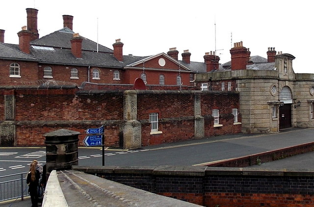 Former HM Prison Shrewsbury Viewed across the road named The Dana at the end of May 2014. The prison closed in March 2013. The building, constructed during 1787-1793, was Grade II listed in 1969 (as Shropshire County Gaol). © Copyright Jaggery and licensed for reuse under this Creative Commons Licence.