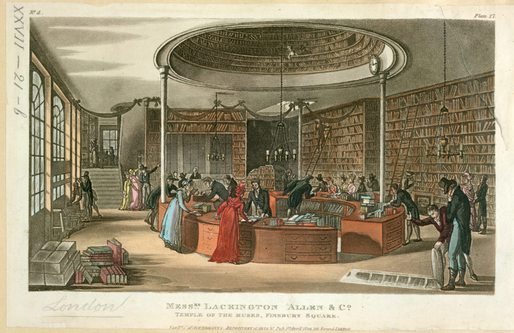 the bookshop of Lackington, Allen and Company, which traded in Finsbury Square. The premises boasted a frontage 140 feet long and the shop is believed to have sold around 100,000 copies each year during the 1790s. 