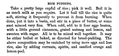 How to make rice pudding, from Cookery and Domestic Economy for Young Housewives, Chambers, 1862.