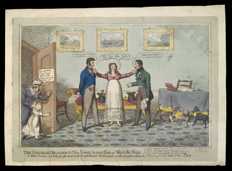 'The Double Dealers, Two Strings to Your Bow, or, Who's the Dupe'. Image satirises the broken engagement between Maria Foote and Joseph Hayne. Foote had two children with Colonel Berkeley but they never married. Published by S.W. Fores, 1825. © Victoria and Albert Museum, London