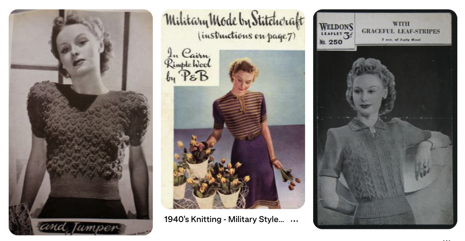 Screenshot of Pinterest results for Peggy Chester, a 1940s knitwear model, showing knitting pattern and magazine covers featuring an attractive white woman in interesting home made sweaters