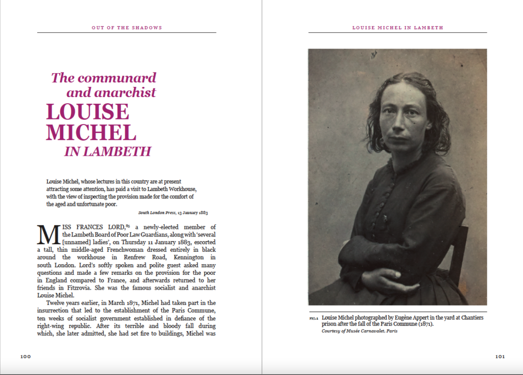 Double page spread of a chapter on Louise Michel in Lambeth showing a carte de visite photograph taken in 1871 of Louise Michel with her arms folded