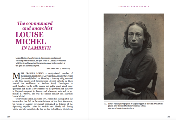 double page spread of chapter showing archive photo of Louise Michel, arms folded, on the right
