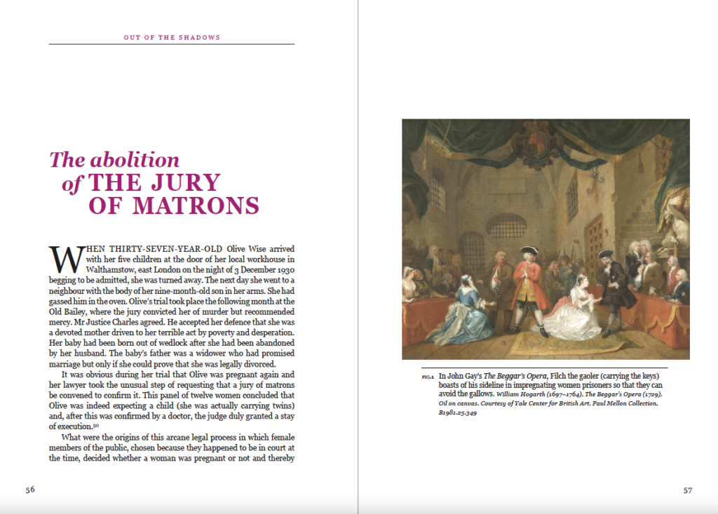 Double page spread of chapter on the jury of matrons with a scene from John Gay's The Beggars Opera including the gaoler Filch holding a set of keys