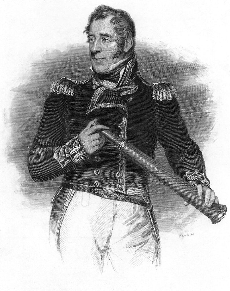 Black and white print of an early 19th-century naval commander, wearing a short jacket with epaulettes and holding a telescope