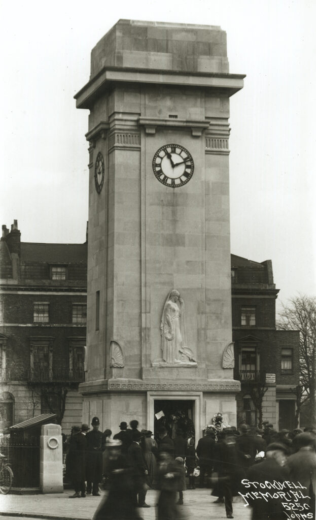 Black and white archive photo of stockwell war memorial clock tower